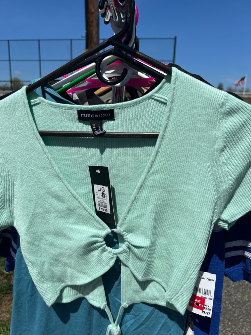 Streetwear Society Mint Ribbed Tie-Front Crop Top
